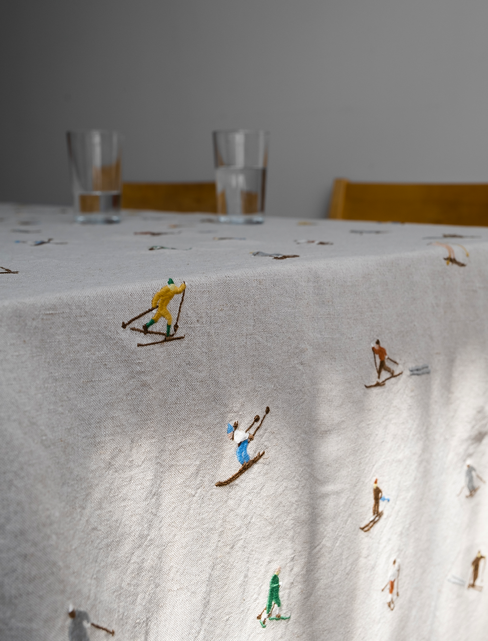 SKIERS, EMBROIDERED TABLECLOTH